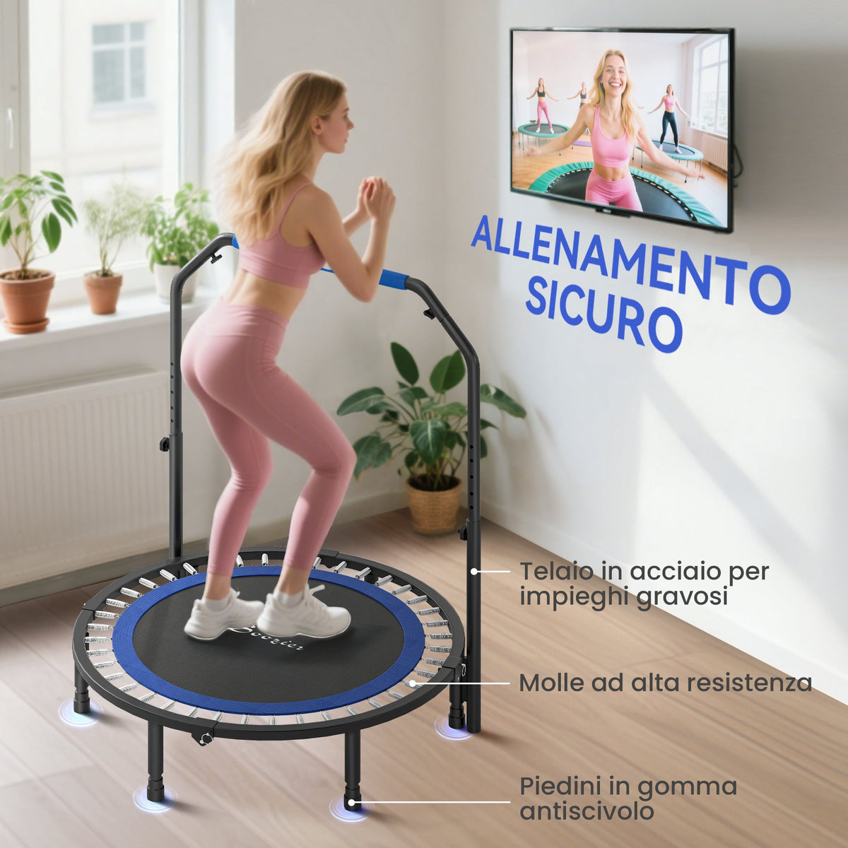 Mini Trampolino Fitness 114 cm Pieghevole con Manubrio Regolabile in Altezza, Blu e Nero