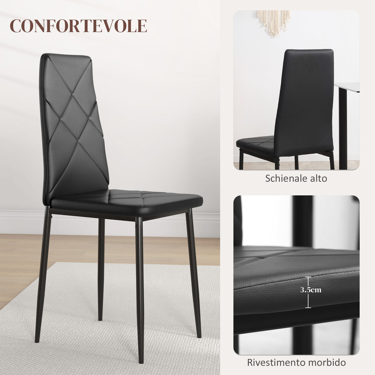 Set di 2 Sedie Moderne imbottite da Pranzo con Schienale Alto in Finta Pelle e Acciaio,rivestimento a polvere, 41x50x97 cm, Nero