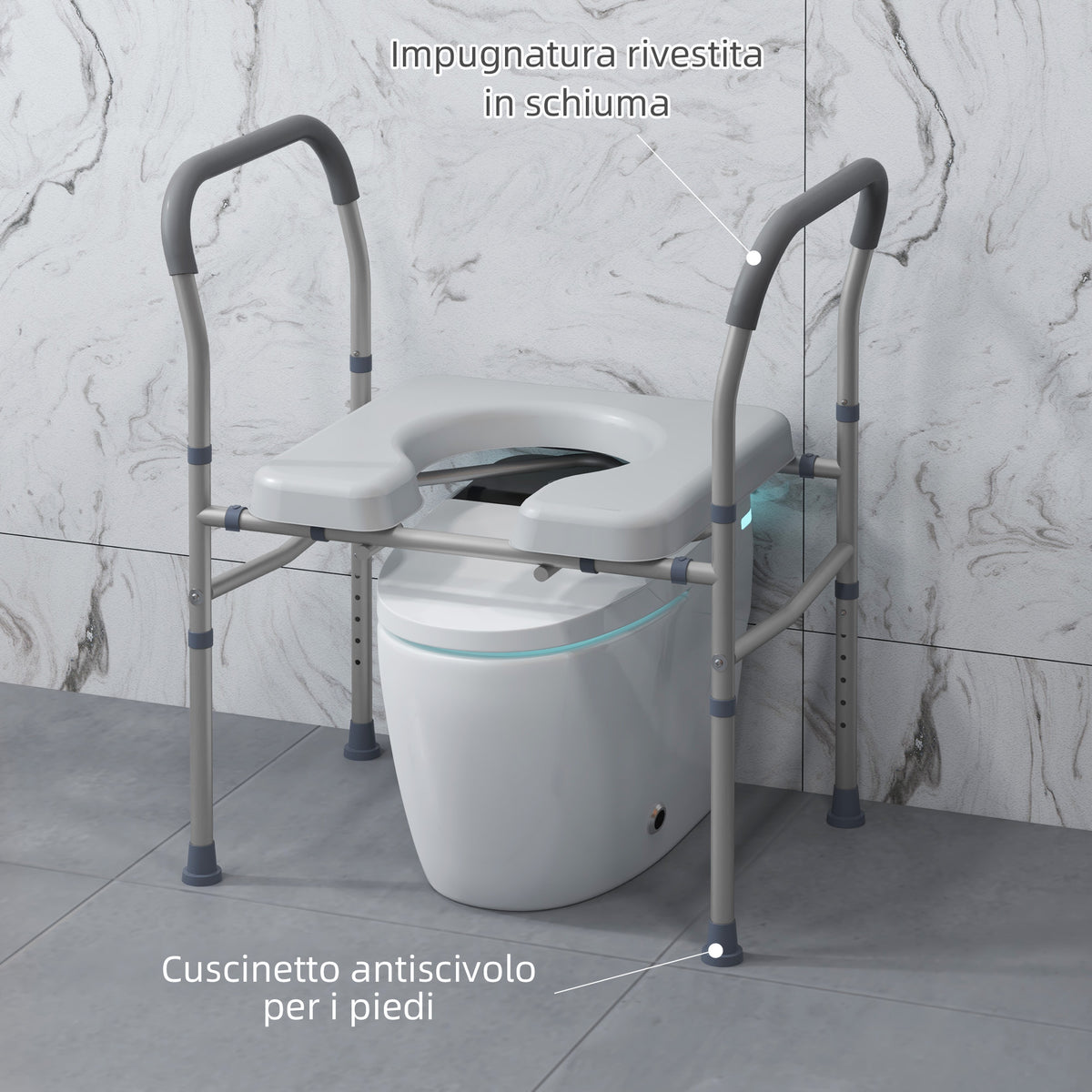 Sedia Comoda WC per Anziani e Disabili 4 in 1 Regolabile in Altezza con Braccioli Imbottiti, Grigio