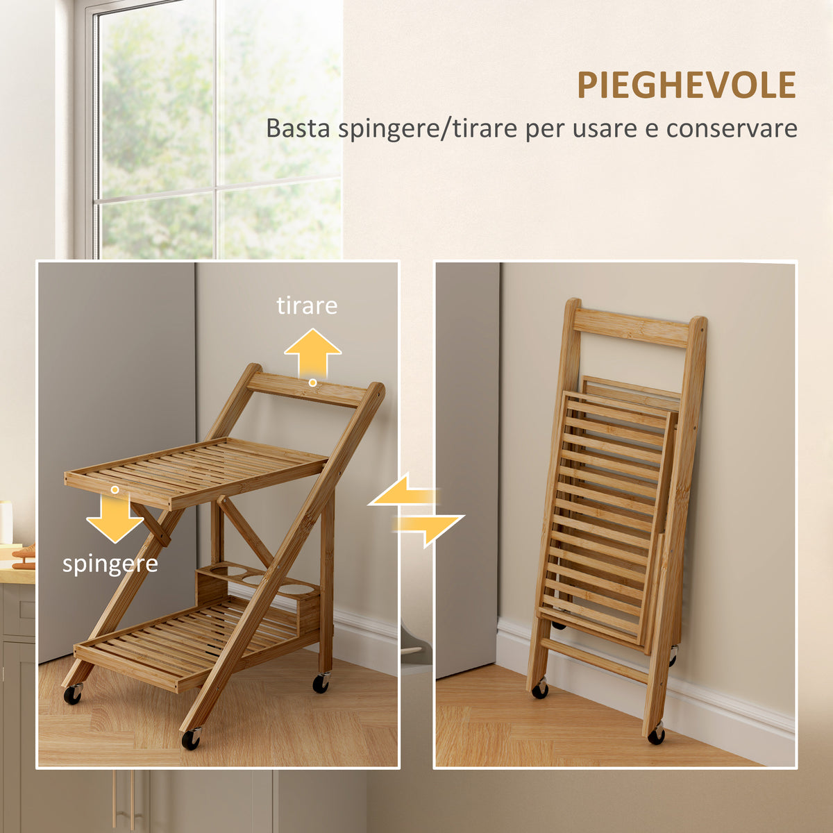 Carrello da Cucina Portavivande Pieghevole a 2 Livelli con Portabottiglie in Legno di Bambù