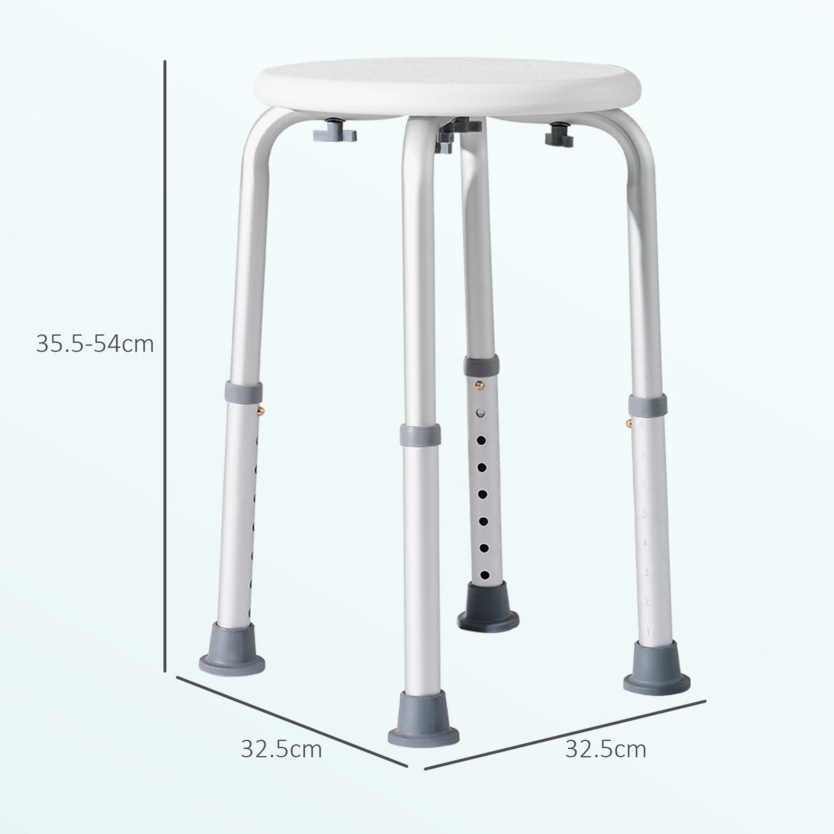 Sgabello da Doccia Girevole a 360 con Piedini Antiscivolo e Regolabile in Altezza su 8 Livelli, Sgabello per Doccia in Alluminio e PE, 32.5x41x35.5-54 cm, Bianco
