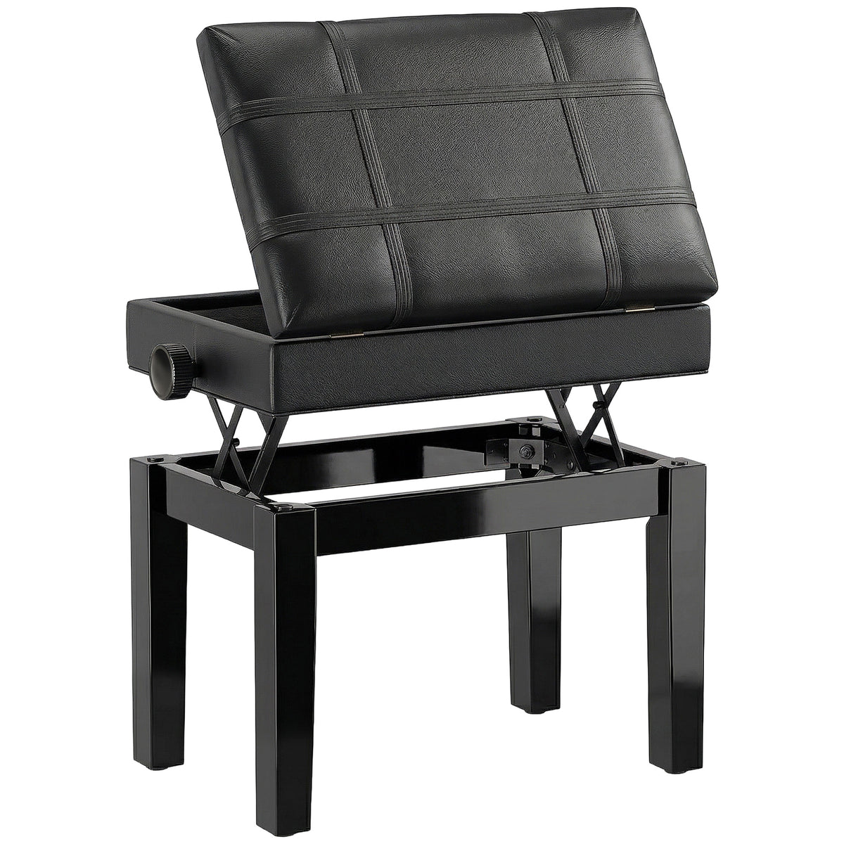 Sgabello per Pianoforte con Altezza Regolabile e Contenitore in Legno e Finta Pelle, 63x35x46-56cm, Nero