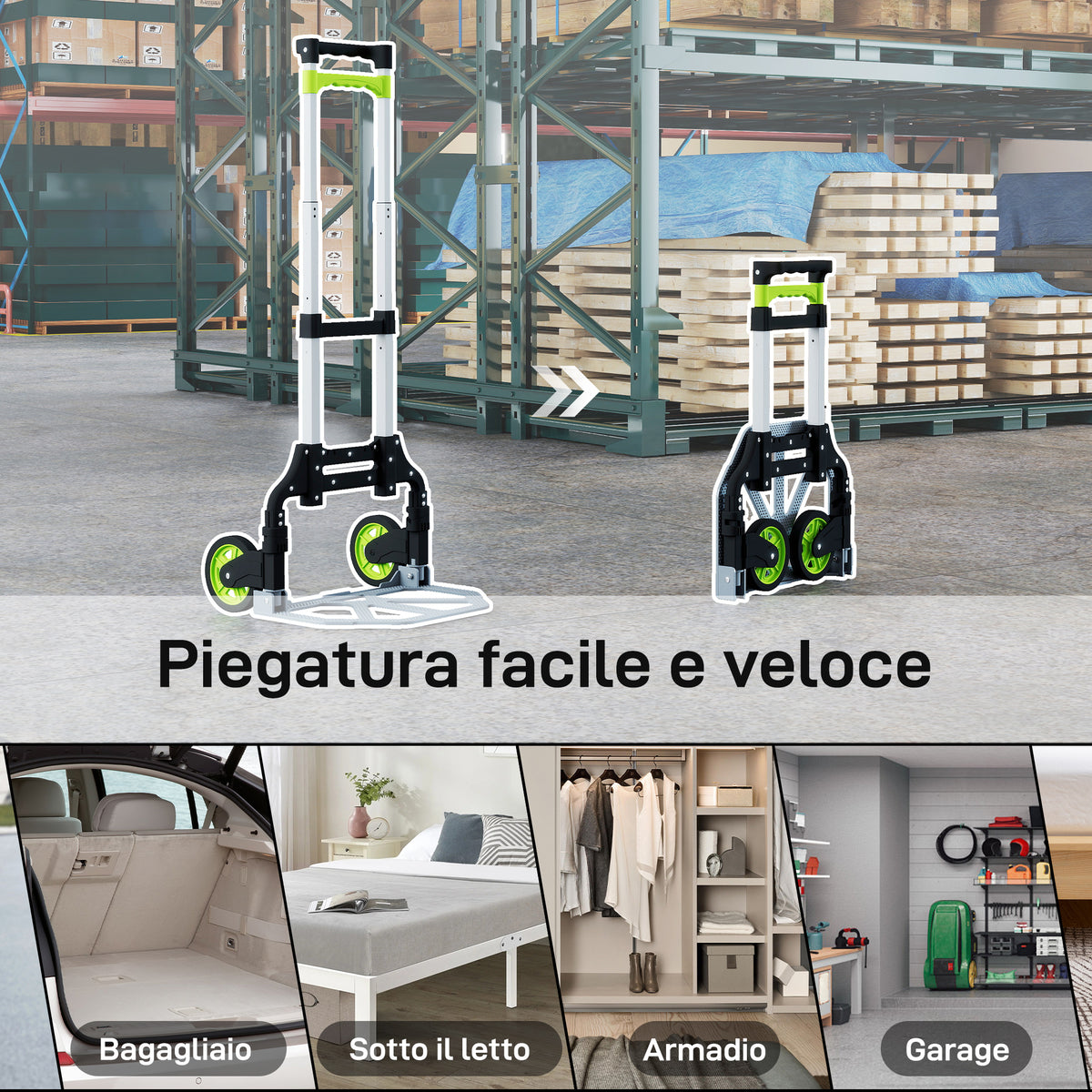 Carrello Portapacchi Pieghevole Capacità 70 kg con Maniglia Telescopica in Alluminio, Argento