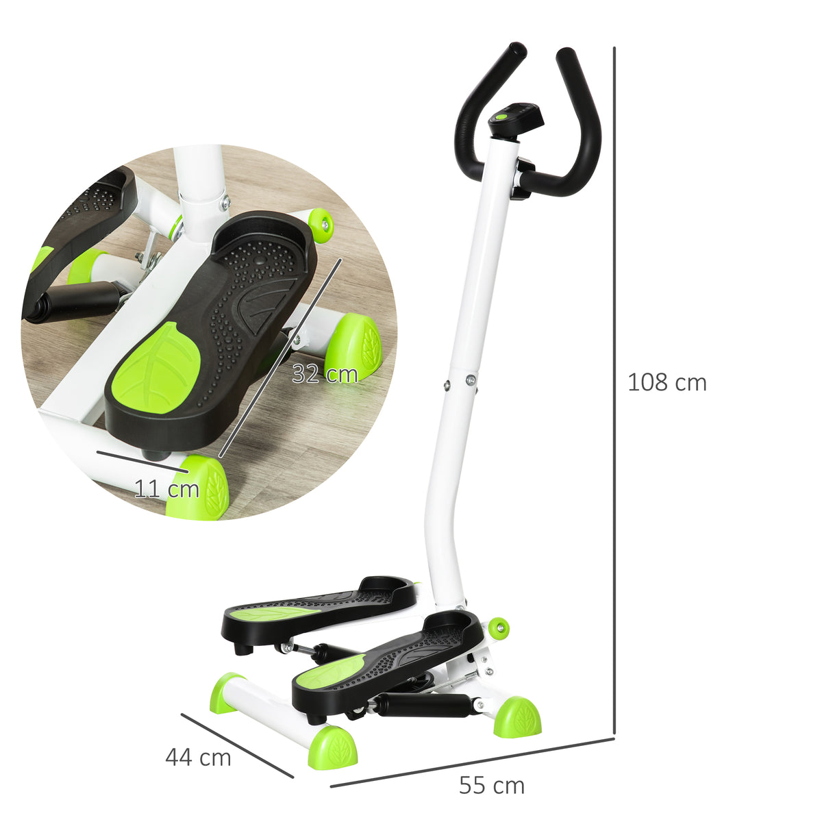 Stepper con Manubrio, Pedali Antiscivolo e Monitor LCD, in Acciaio e ABS, 55x44x108 cm, Bianco Nero e Verde