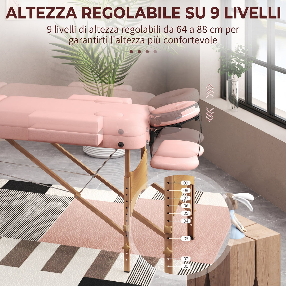 Lettino da Massaggio Pieghevole con Altezza Regolabile e Borsa di Trasporto, Struttura in Legno, Rosa