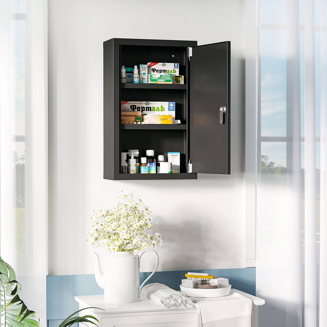 Armadietto Medicinali con 3 Mensole e Blocco con Chiavi in Acciaio, 30x14x46cm, Nero