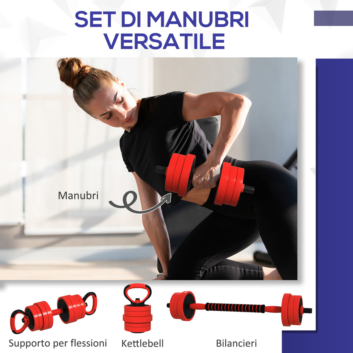 Set Pesi da Palestra 4 in 1 da 20kg, Convertibile in Kettlebell, 2 Manubri, Bilanciere e Supporto Flessioni, Rosso