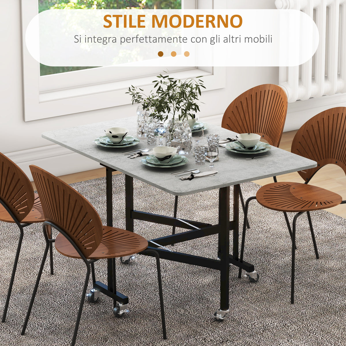 Tavolo Pieghevole a Ribalta per 4-6 Persone con 6 Rotelle, in Legno e Acciaio, 120x80x73 cm, Grigio
