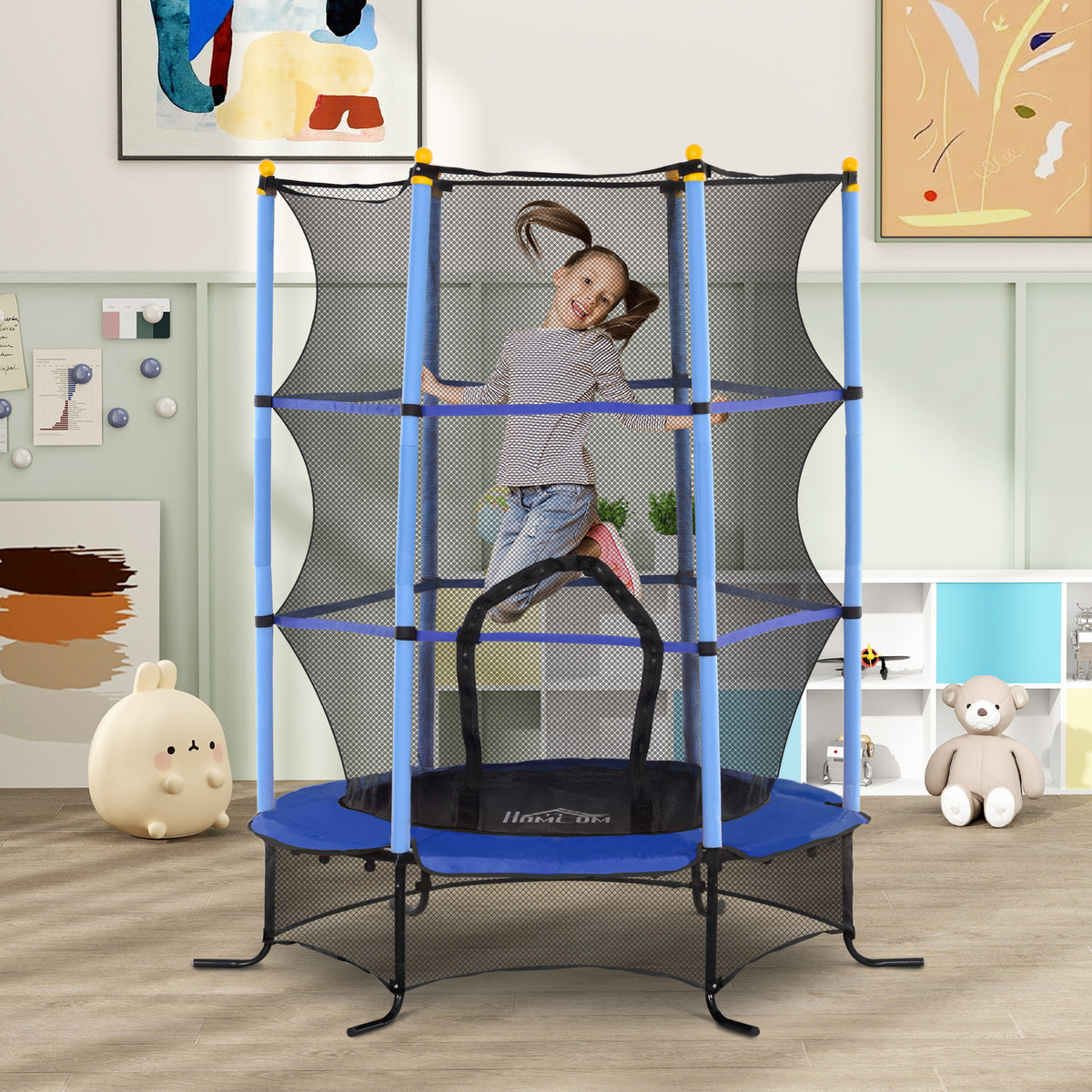 Trampolino Elastico per Bambini 1.6x1.9 m con Rete di Sicurezza e Pali Imbottiti, Età 3-10 Anni, Blu