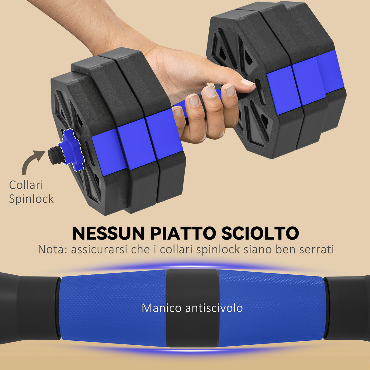 Set Pesi da Palestra 6 in 1 in Plastica e Sabbia Utilizzabile come Kettlebell Manubri Bilanciere Supporto Blu