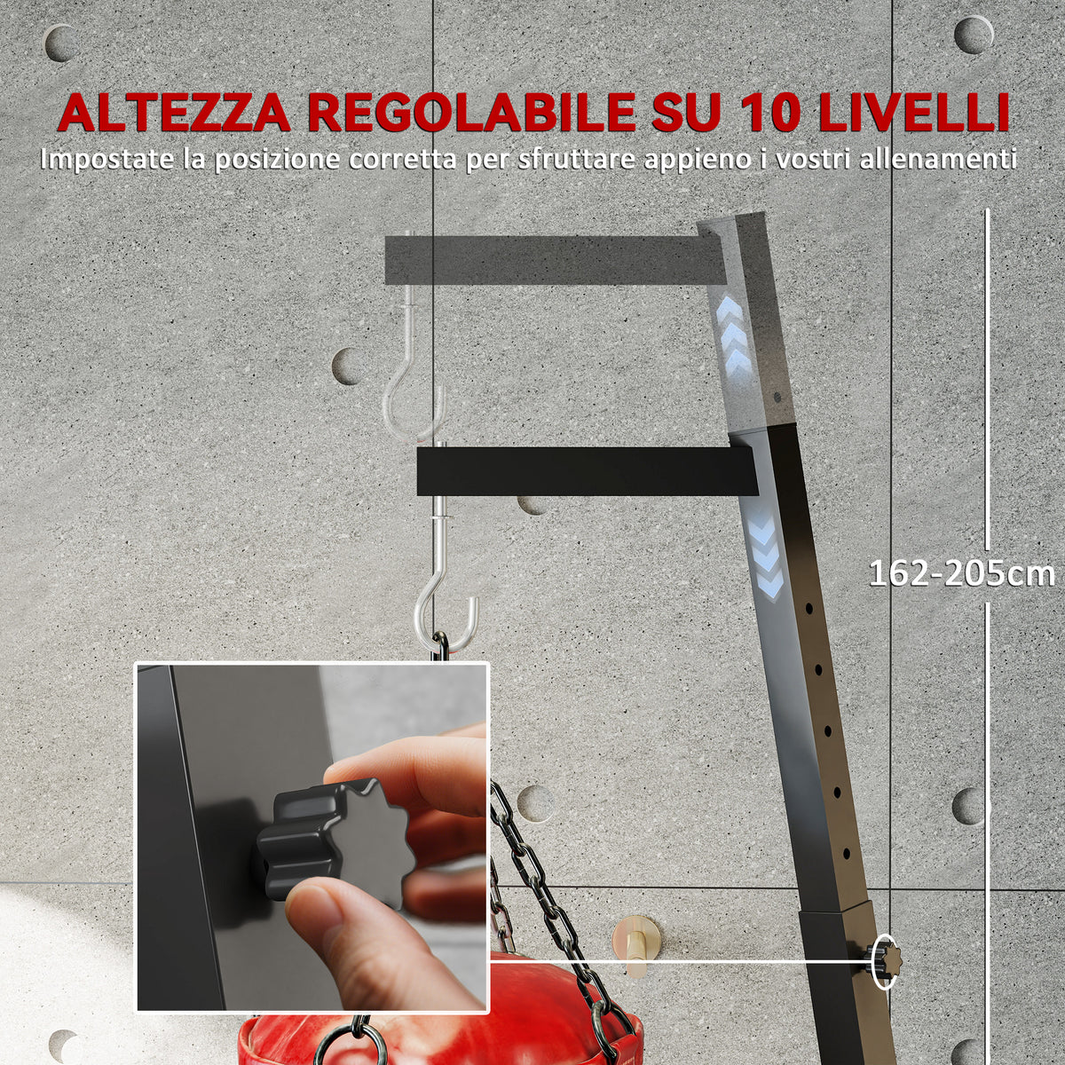 Supporto Sacco da Boxe Regolabile in Altezza e Autoportante con Base Triangolare, 170x90x182-225 cm, Nero