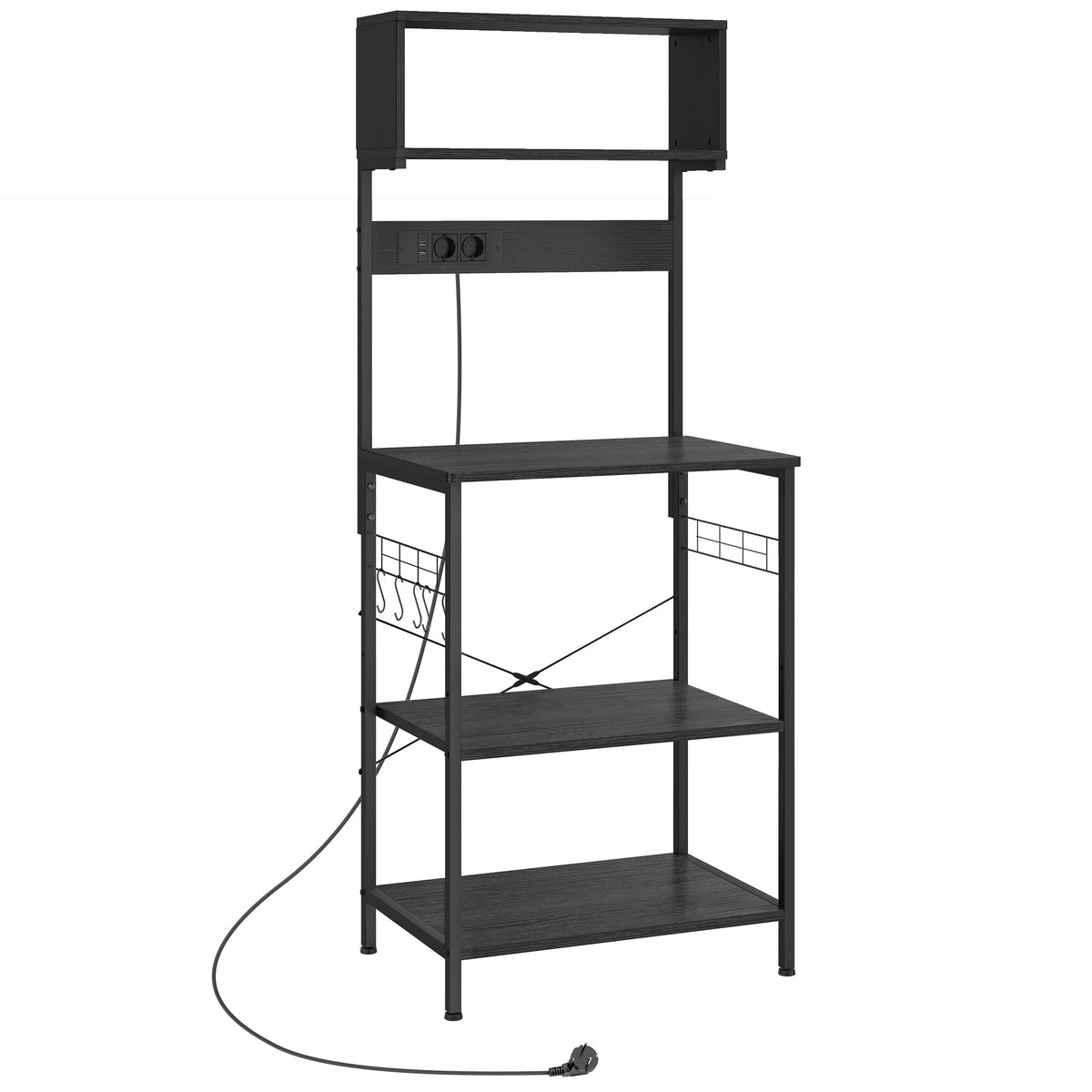 Scaffale da Cucina con Multipresa per Microonde con Ripiani e Ganci Stile Industriale, Legno e Acciaio, Nero