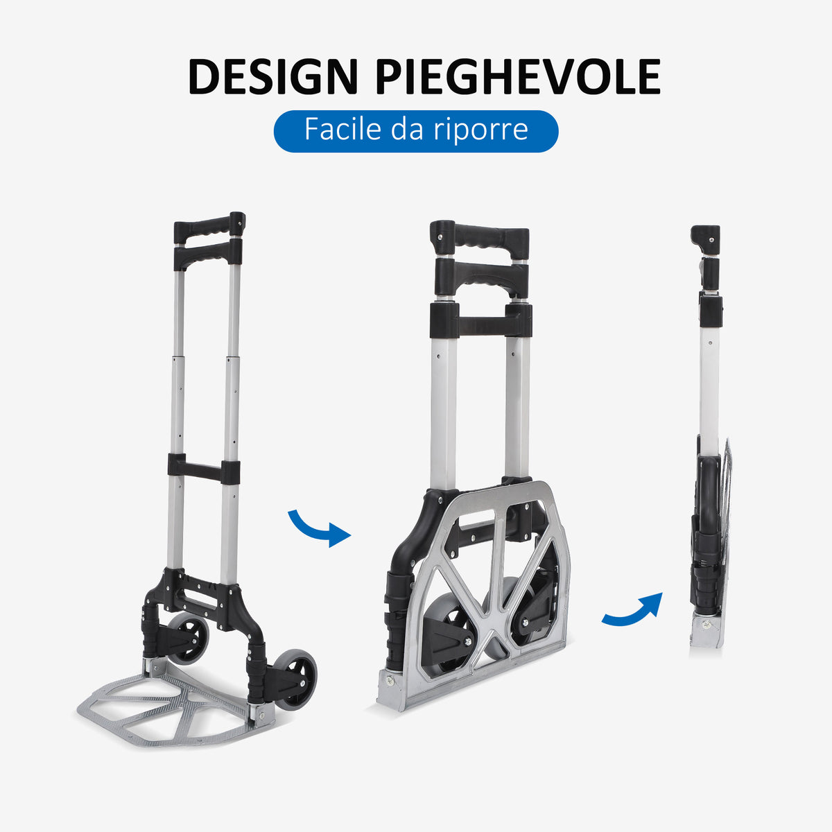 Carrello Portapacchi Pieghevole max 70kg con Maniglie Telescopiche e Altezza Regolabile, 41x38.5x100 cm, Argento