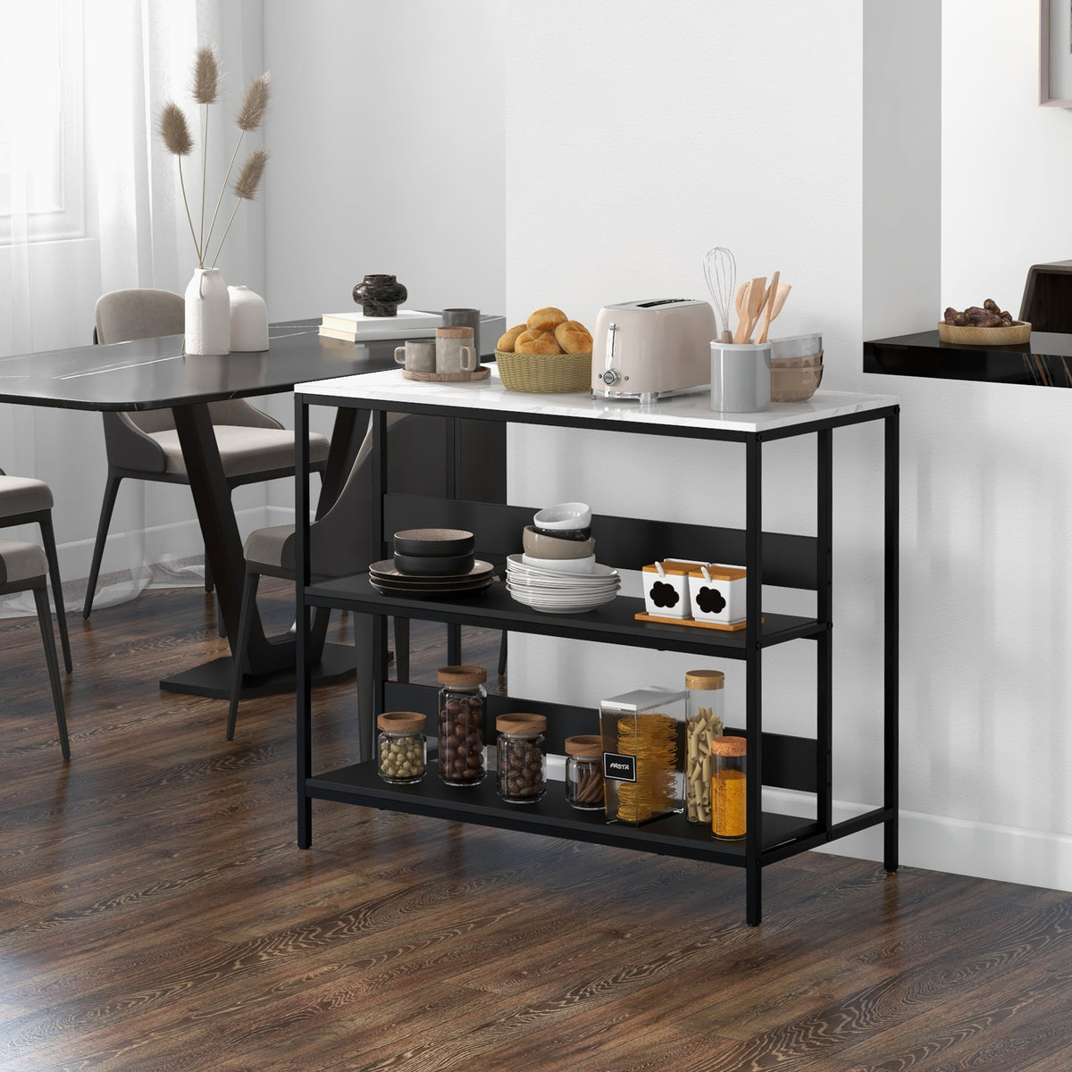 Isola da Cucina con Mensole, Piano Effetto Marmo e Struttura in Metallo, 100x50x90cm, Nero e Bianco