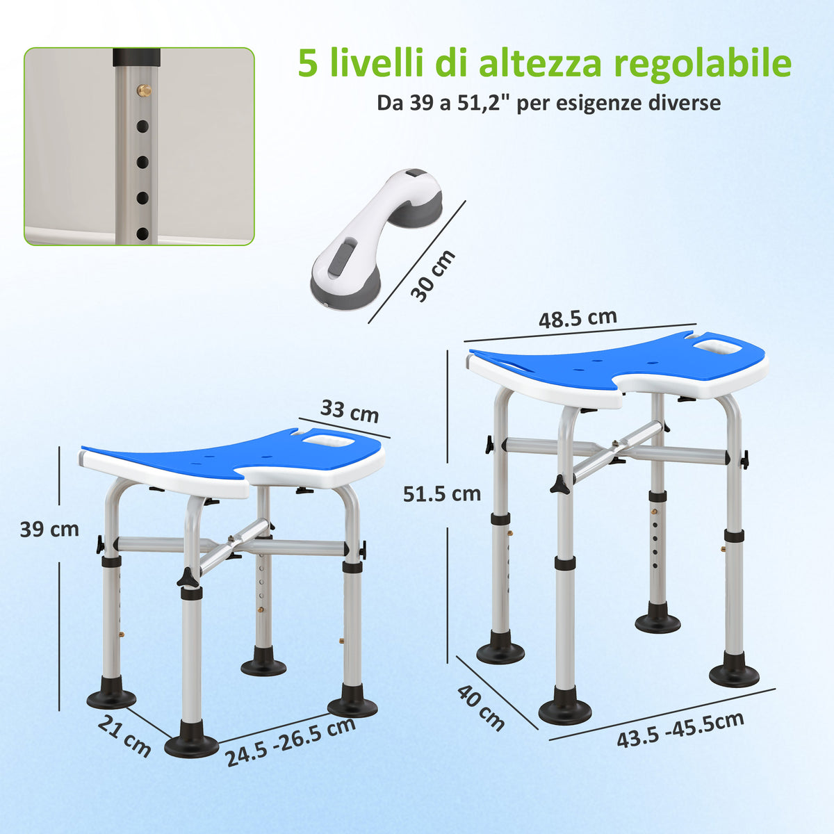 Sgabello da Doccia Regolabile in Altezza con Maniglione, Seduta Imbottita a U e Piedini Antiscivolo, Blu