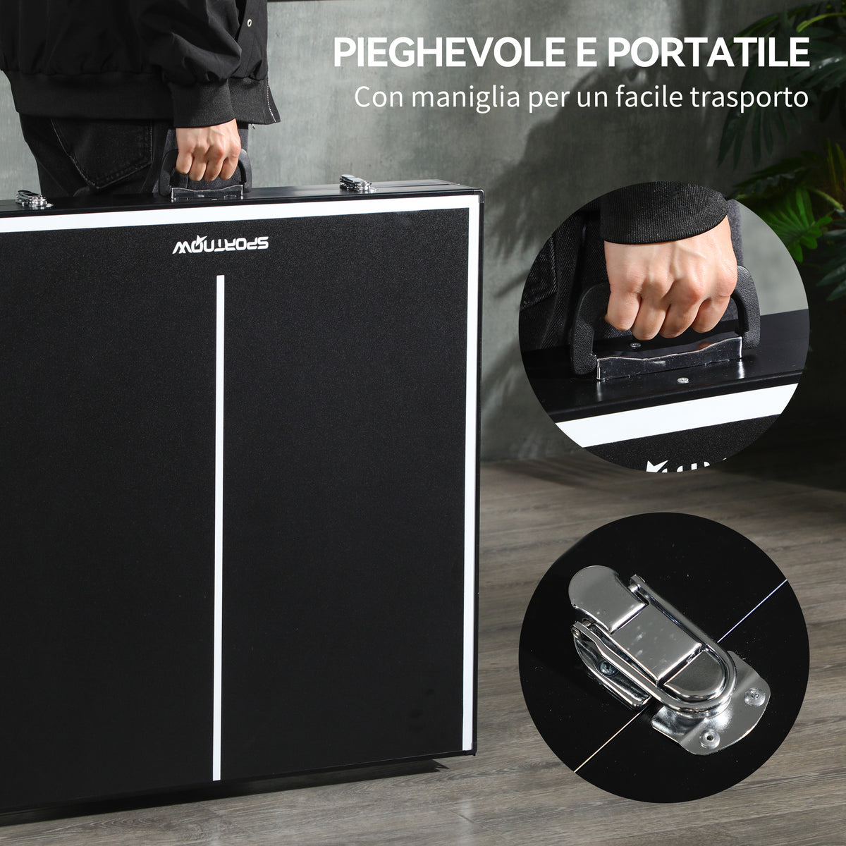 Tavolo Ping Pong Pieghevole con Maniglia da Trasporto, in Alluminio e Legno, 152x76x72 cm, Nero