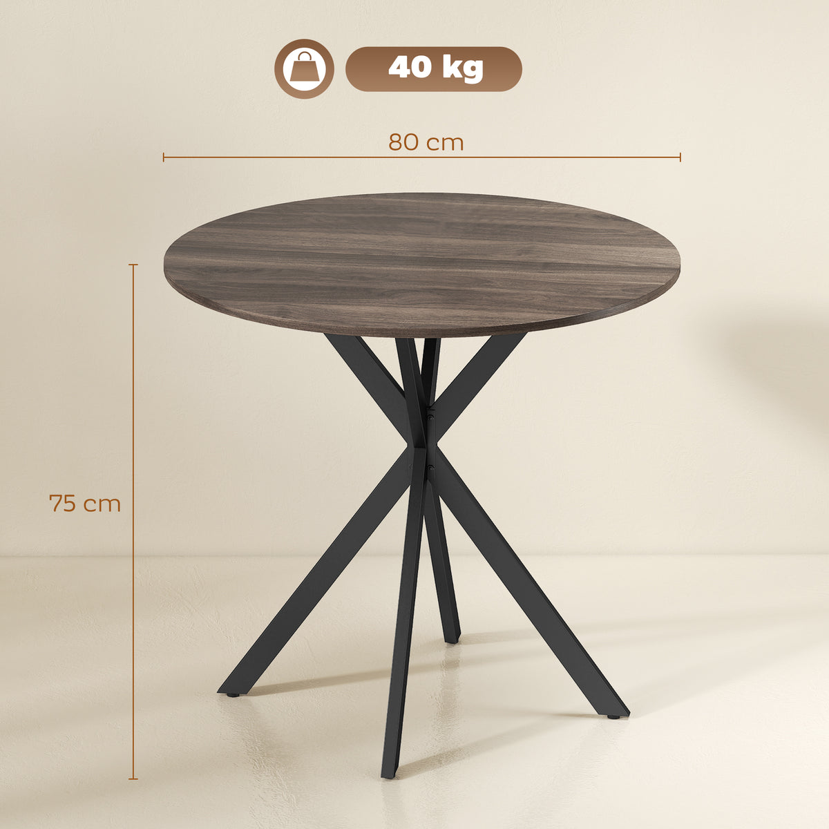 Tavolo da Pranzo Rotondo Stile Industriale con Gambe a Croce in Acciaio, 80x75 cm, Marrone