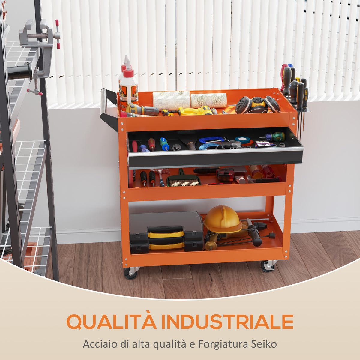 Carrello Porta Attrezzi con Manico Laterale, Cassetto e 3 Ripiani in Acciaio, 82x35x76 cm, Arancione