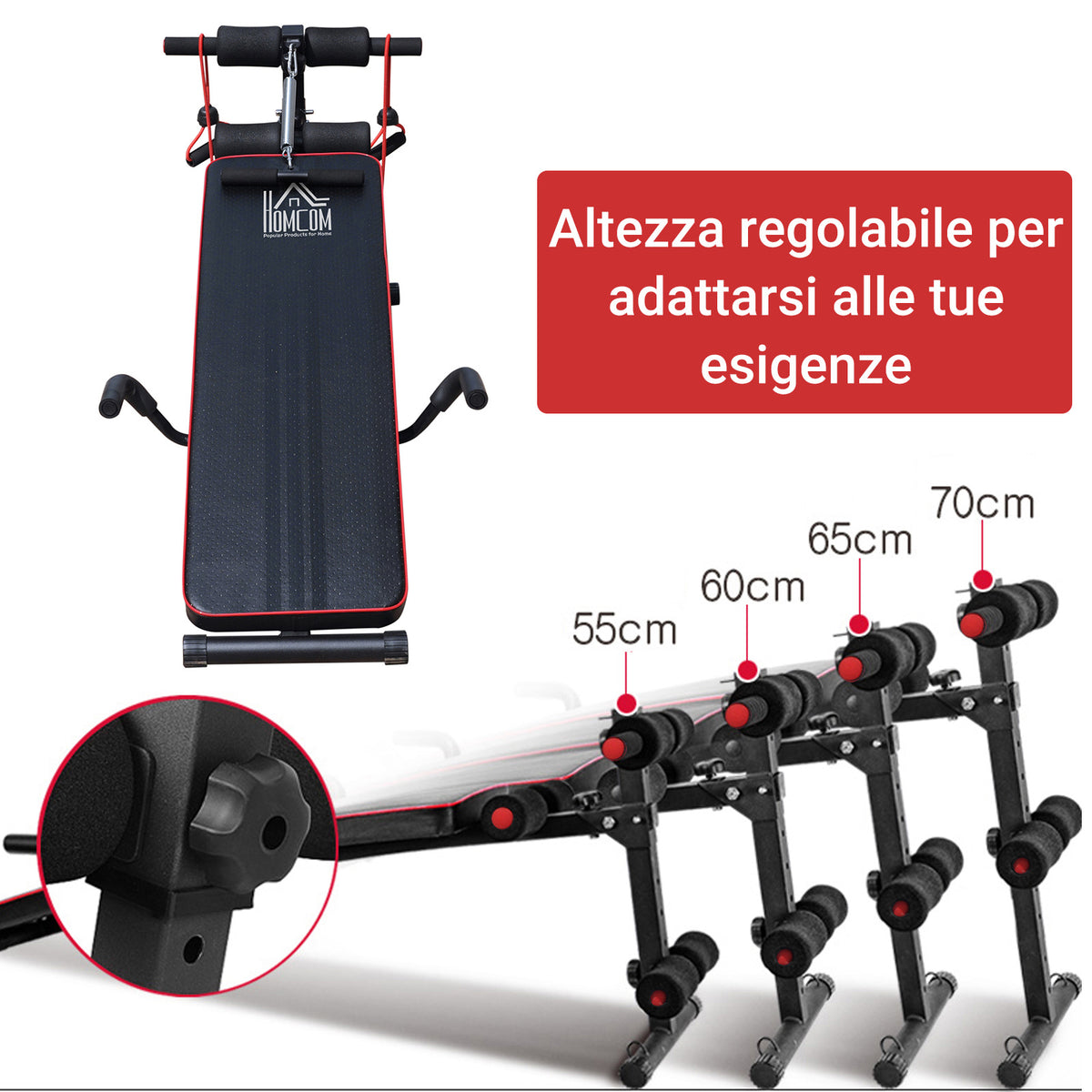Panca Multifunzione con Vogatore a Molla e Schienale Regolabile e 2 Corde Elastiche, 55.5x137.5 cm Nero
