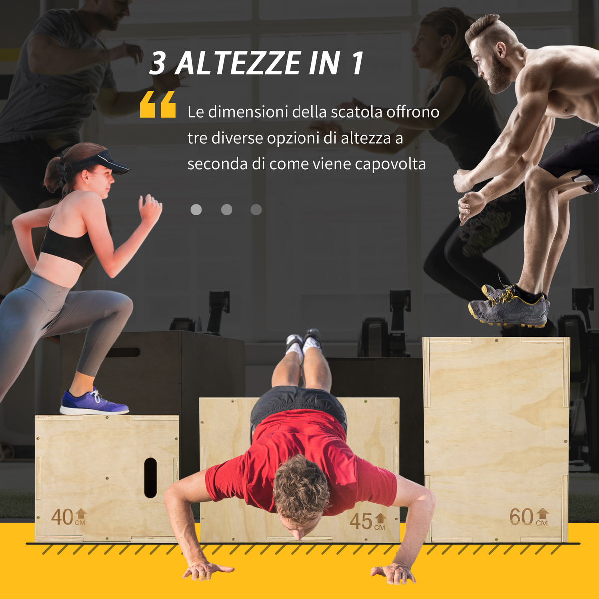 Box Jump a 3 Altezze Regolabili per Casa e Palestra, in Legno di Faggio, 45x40x60 cm