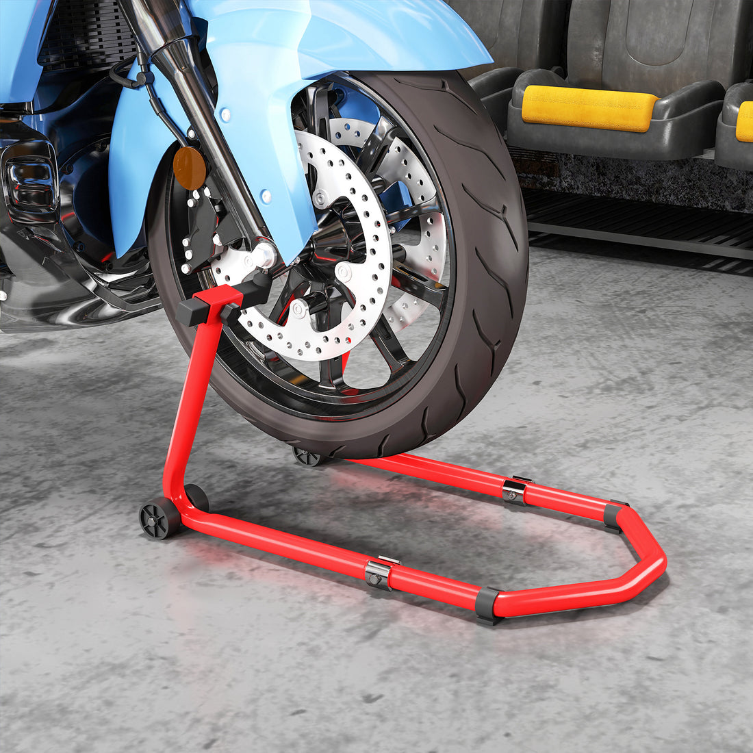 Cavalletto Moto Anteriore e Posteriore con Capacità 390 kg, Forcelle a U e L, Rotelle e Cuscinetti Antiscivolo, Rosso
