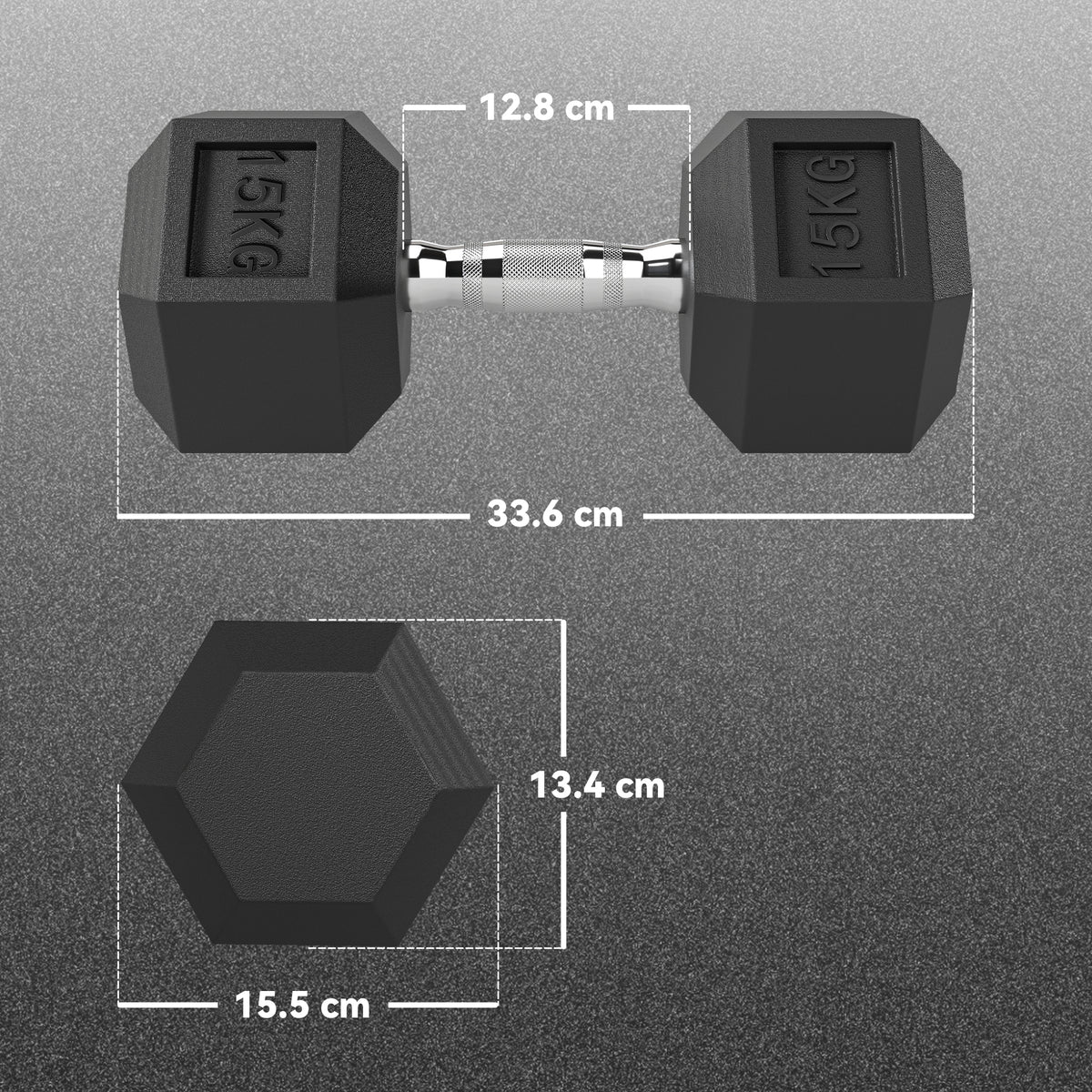 Set 2 Manubri Fitness da 15 kg Esagonali con Impugnatura Antiscivolo, in Acciaio e Gomma, 15.5 x 33.6 cm, Nero