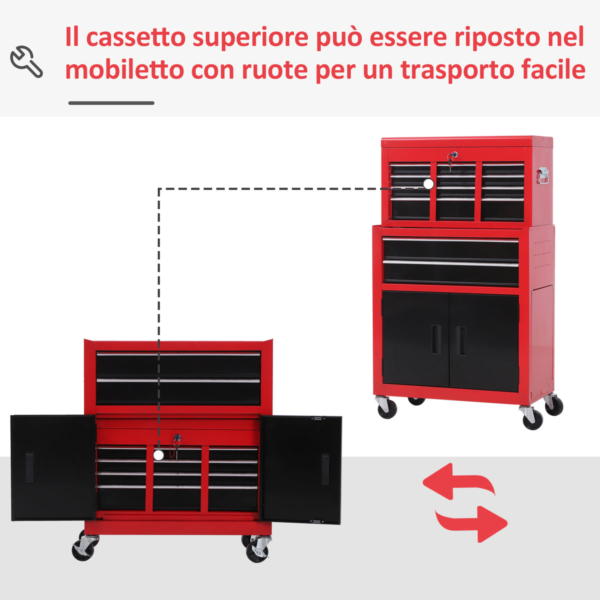 Carrello Porta Attrezzi 2 in 1 con Cassetta Superiore e Armadietto Inferiore, in Metallo, 61.6x33x108 cm, Rosso