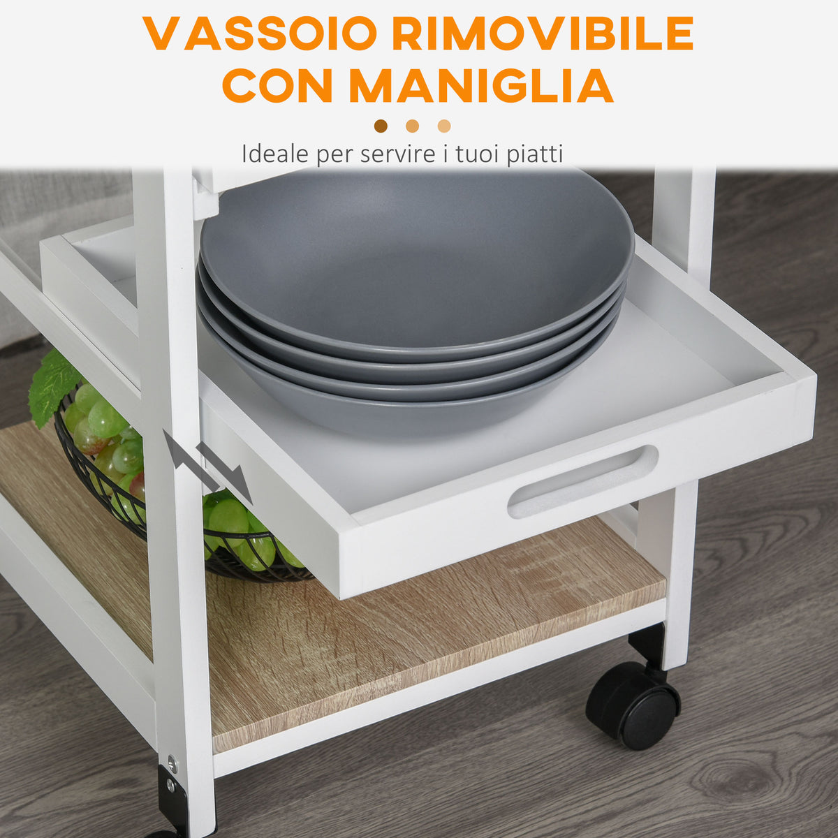 Carrello da Cucina Salvaspazio in Legno di Pino e MDF, Carrello Portaoggetti con Cassetto, Cestello, 2 Vassoi e 4 Ruote Universale, 37x37x82cm, Bianco