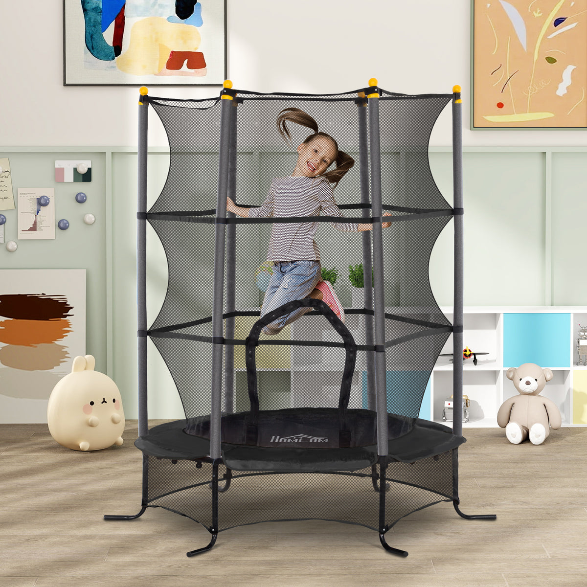 Trampolino Elastico per Bambini 1.6x1.9 m con Rete di Sicurezza e Pali Imbottiti, Età 3-10 Anni, Nero