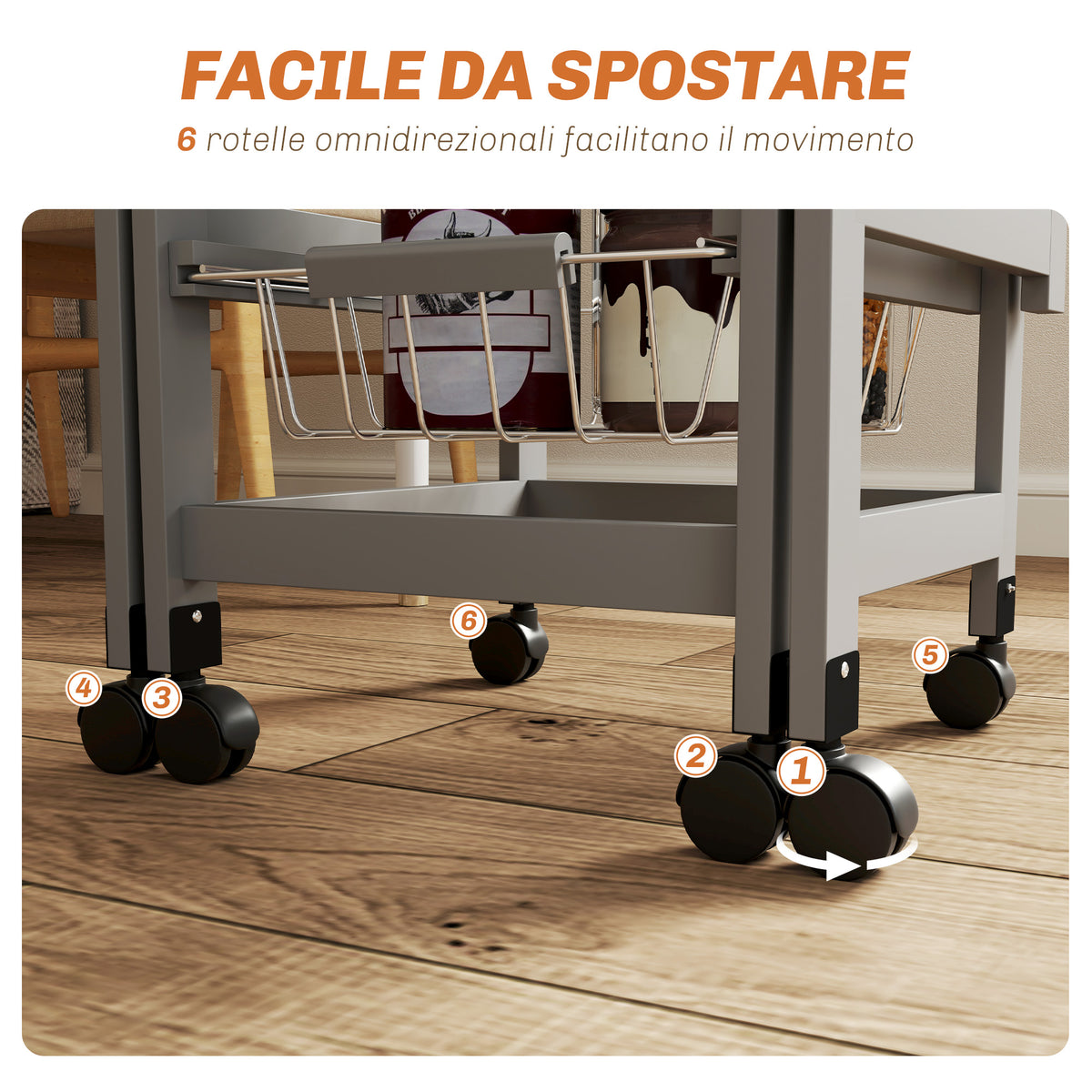 Carrello da Cucina con 3 Cestini, Cassetto e 2 Ribalte, in Legno e Metallo, 37x37x77.5 cm, Grigio e Rovere
