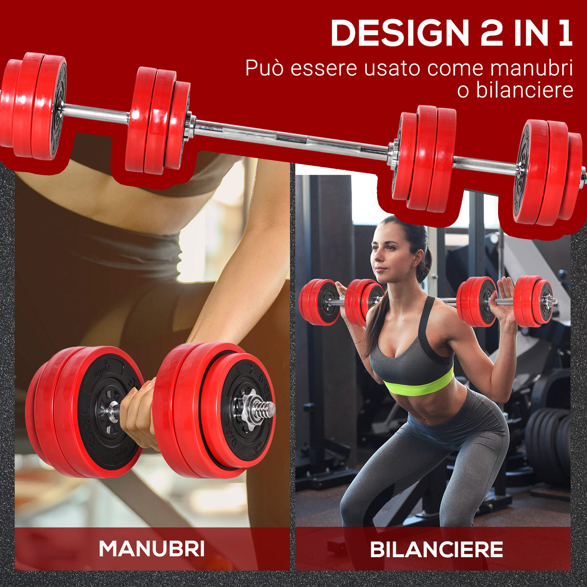 Set di Manubri Pesi 2 in 1 da 30kg, Dischi con Rivestimento in Plastica Antigraffio, Rosso e Nero