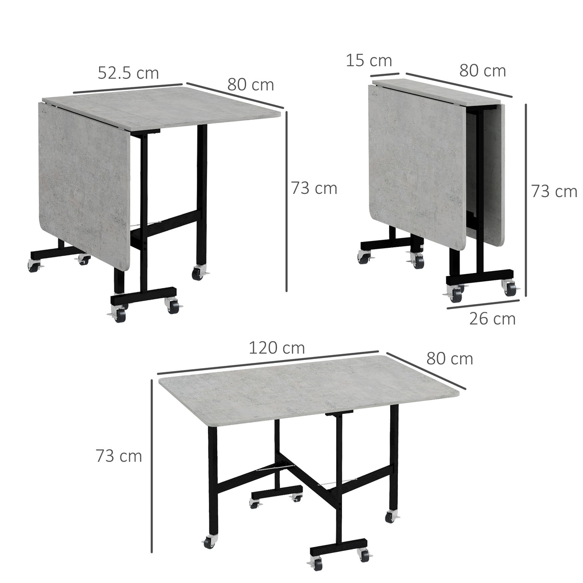 Tavolo Pieghevole a Ribalta per 4-6 Persone con 6 Rotelle, in Legno e Acciaio, 120x80x73 cm, Grigio