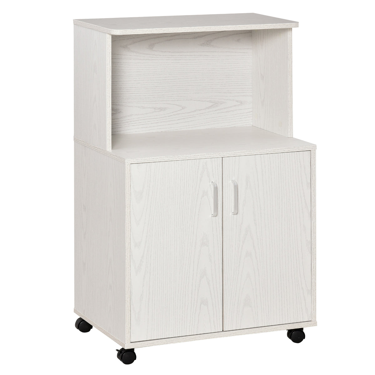 Mobile Cucina Multiuso con Ruote, Armadietto e Ripiano per Microonde, Credenza Alta in Legno Truciolare, 60.4x40.3x97cm Bianco