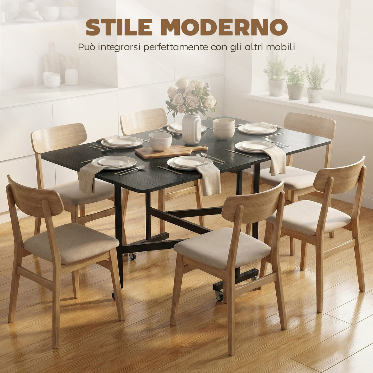 Tavolo Pieghevole per 4-6 Persone con 2 Ribalte e Ruote con Freno, 120x80x73 cm, Nero Effetto Legno