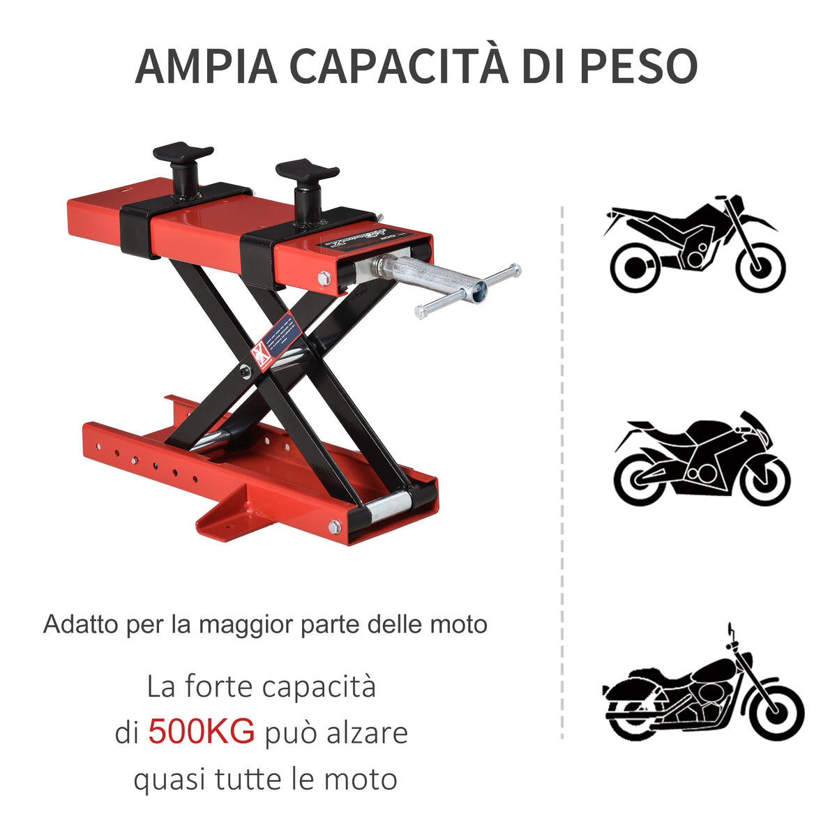 Cavalletto Alzamoto a Forbice, Sollevatore Moto, Cavalletto Moto Centrale Regolabile Fino 500kg in Metallo Rosso
