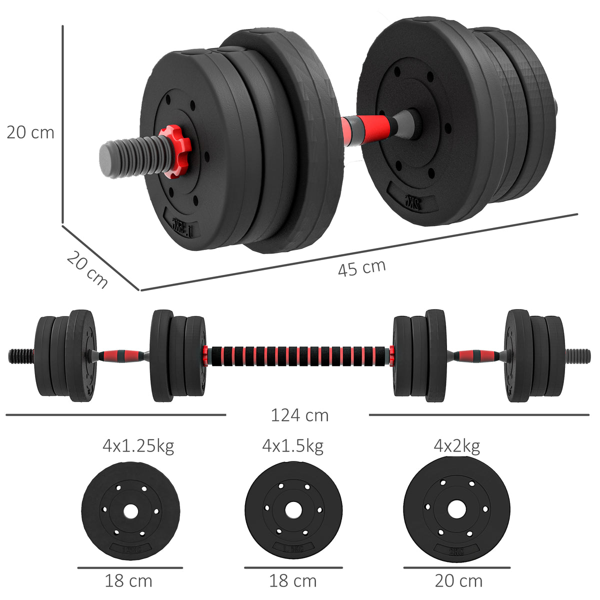Set 2 Manubri Antiscivolo con 12 Dischi Pesi da 20 kg totali e Connettore, in Acciaio, HDPE e Sabbia, Nero
