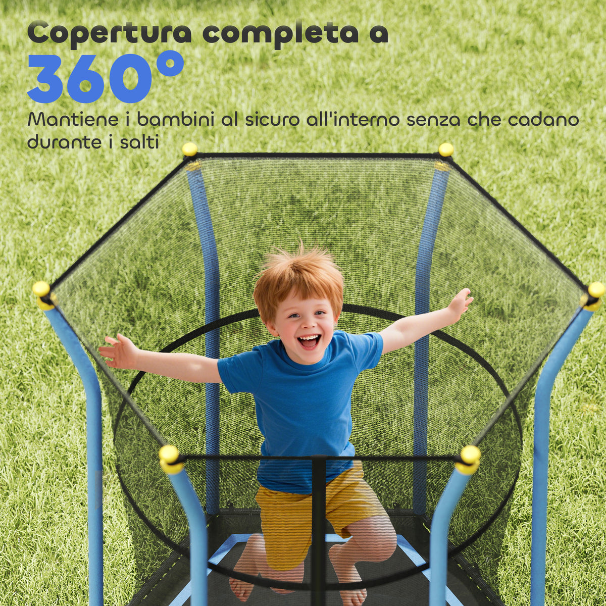 Tappeto Elastico per Bambini con Ingresso a Cerniera e Pali Imbottiti, in Acciaio, PP e EPE, 122x111x190 cm, Blu