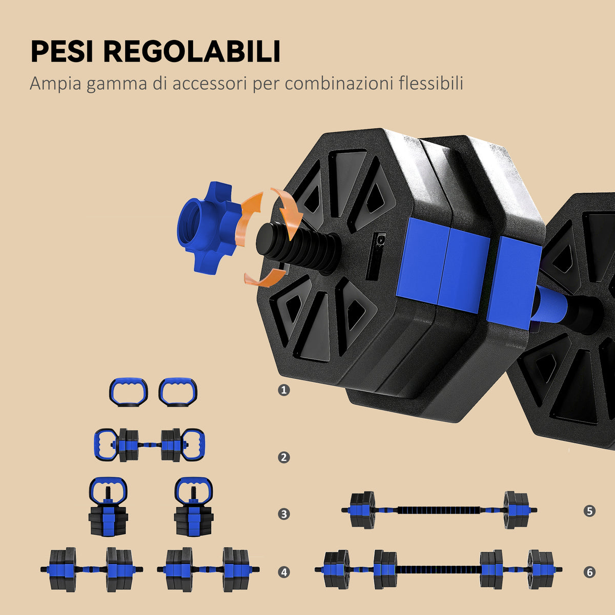 Set Pesi Palestra 6 in 1 Multifunzione da 20kg Totali in Plastica e Sabbia, 125x18x18 cm, Blu