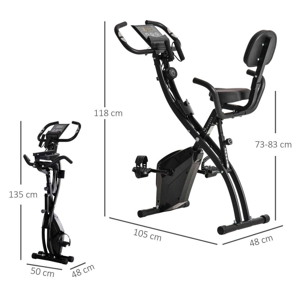 Cyclette Pieghevole 2 in 1, Resistenza Magnetica Regolabile 8 Livelli, Cyclette da Casa Silenziosa con Sensore Cardiaco, Sedile Regolabile, Bande Elastici, Schermo LCD, Ruote, Nero