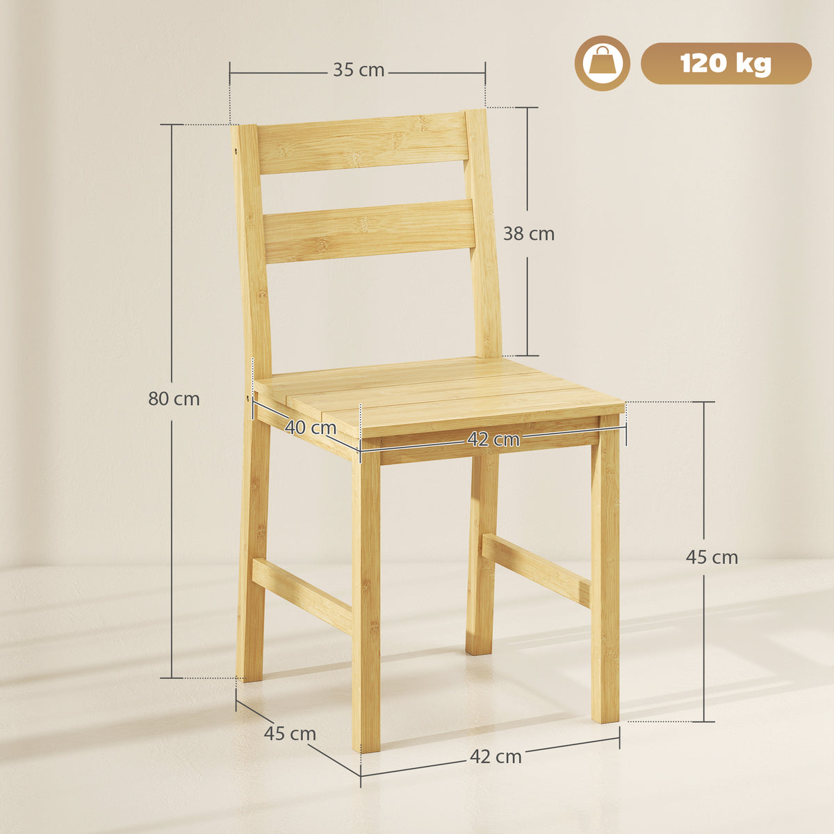 Set di 2 Sedie da Pranzo in Bambù con Schienale Curvo e Seduta a Doghe, Colore Legno Naturale