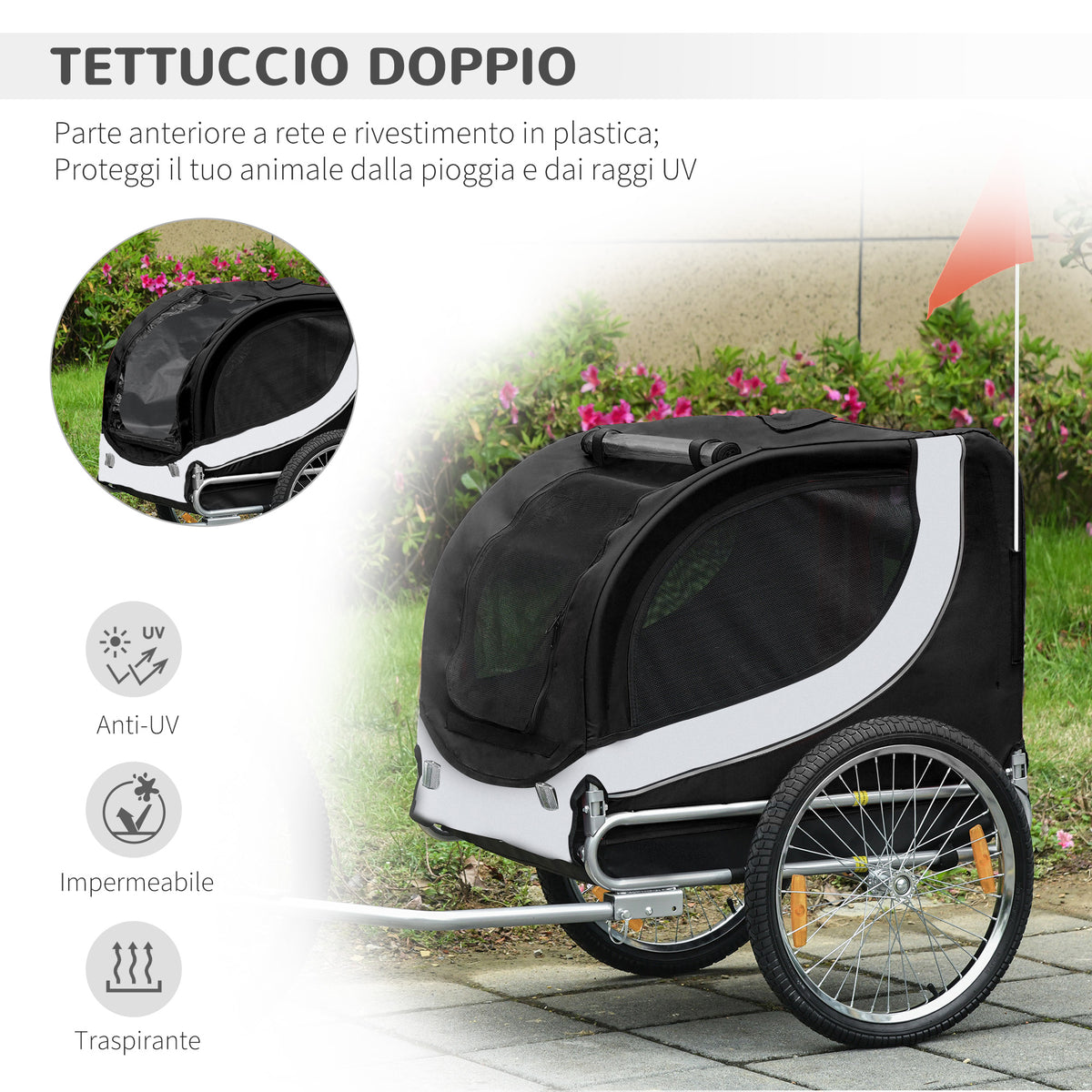 Rimorchio per Cani da Bicicletta, bianco e nero, 130x90x110cm