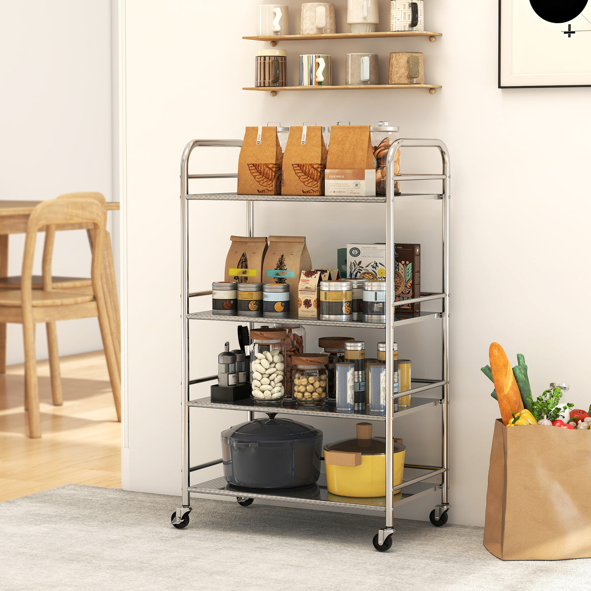 Carrello Multiuso a 4 Livelli con 2 Ripiani Regolabili e Bordi Rialzati, in Acciaio Inox, 60x35x100 cm