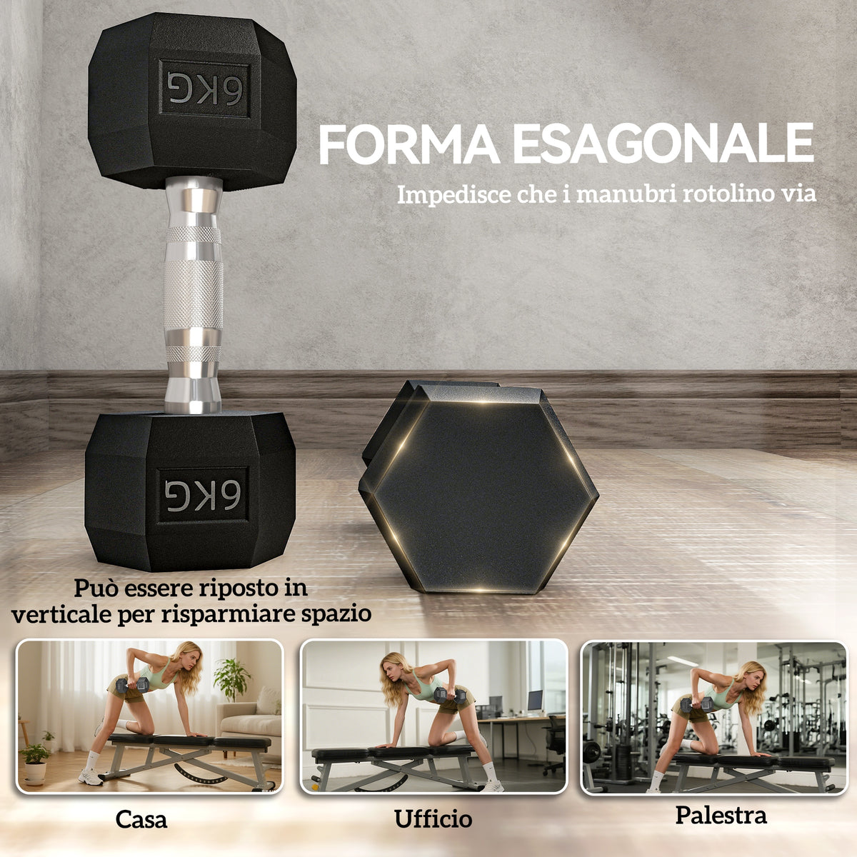 Set di 2 Manubri da 6 kg Esagonali con Presa Antiscivolo e Rivestimento in Gomma, Nero