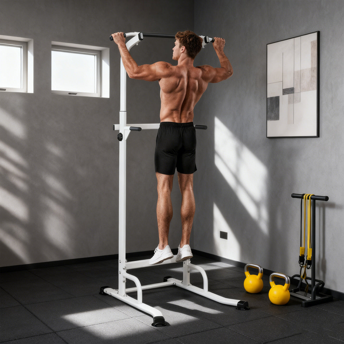 Stazione Fitness con Barre per Dip e Trazioni, Altezza Regolabile 176.5-227 cm e Capacità 120 kg, Bianco