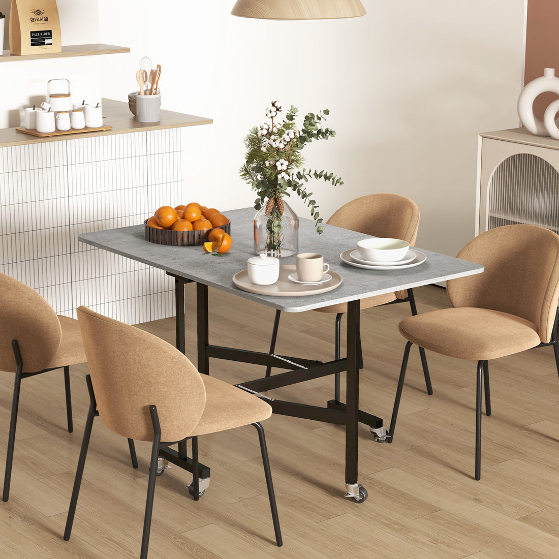 Tavolo Pieghevole a Ribalta per 4-6 Persone con 6 Rotelle, in Legno e Acciaio, 120x80x73 cm, Grigio