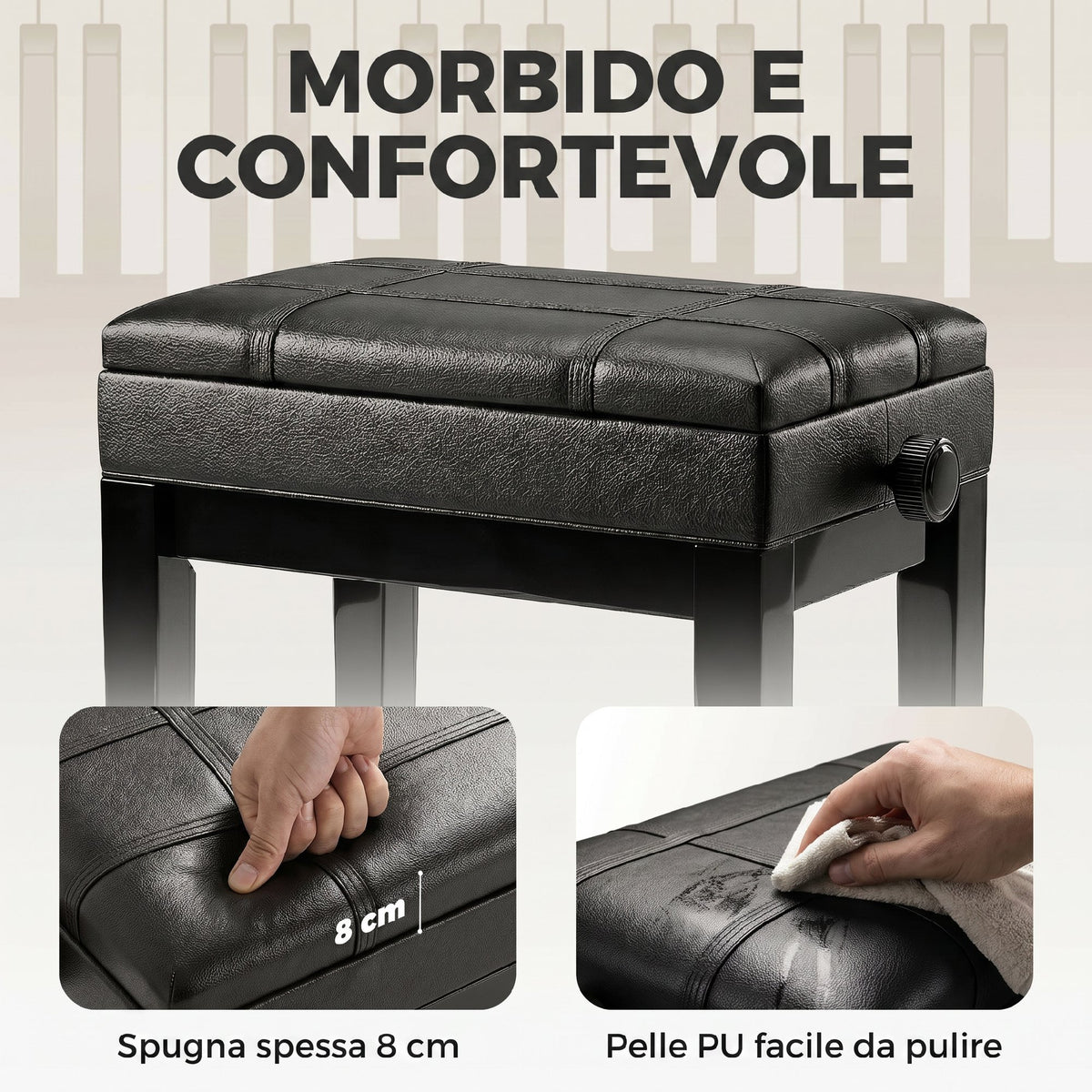 Sgabello per Pianoforte con Altezza Regolabile e Contenitore in Legno e Finta Pelle, 63x35x46-56cm, Nero
