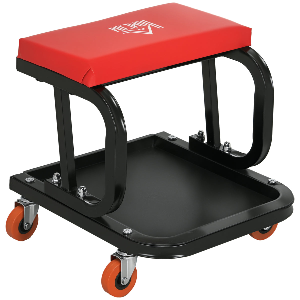 Sgabello da Officina Imbottito con Ruote e Vassoio Porta Attrezzi in Acciaio e PU, 38x35x37cm, Rosso