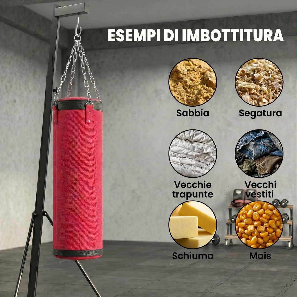 Supporto Sacco Boxe Regolabile con Base Triangolare e Sacco da Boxe, in Acciaio e Tela, 175x91x185-231 cm, Rosso
