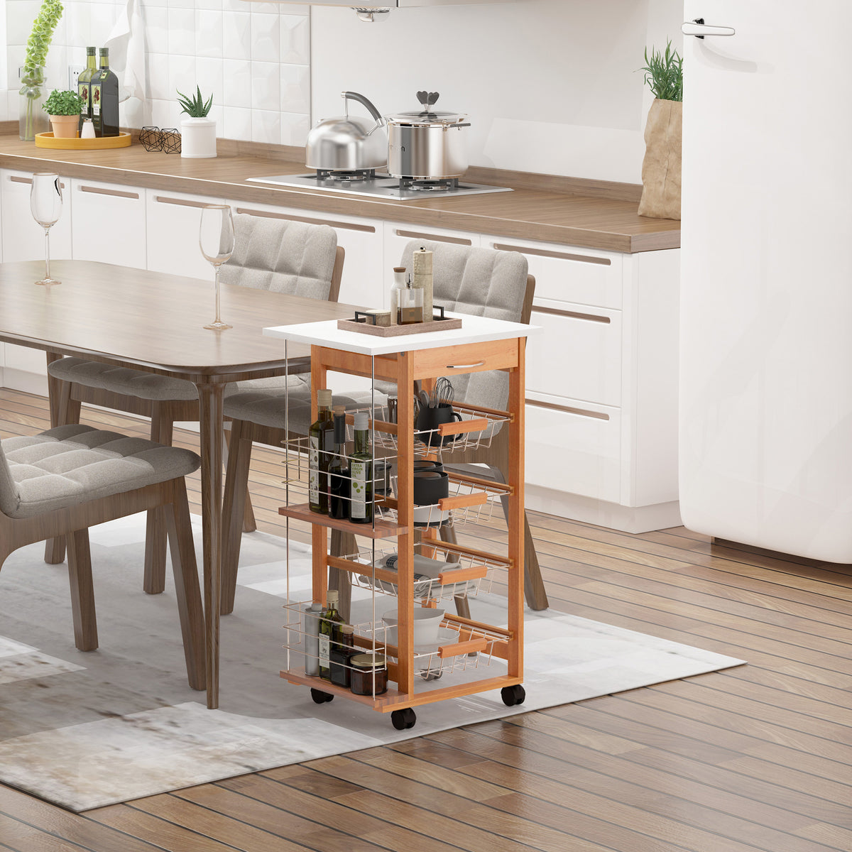 Carrello da Cucina con 1 Cassetto, 4 Cestelli Metallici e 2 Ripiani Portaspezie in Legno 47 x 37 x 83 cm Marrone
