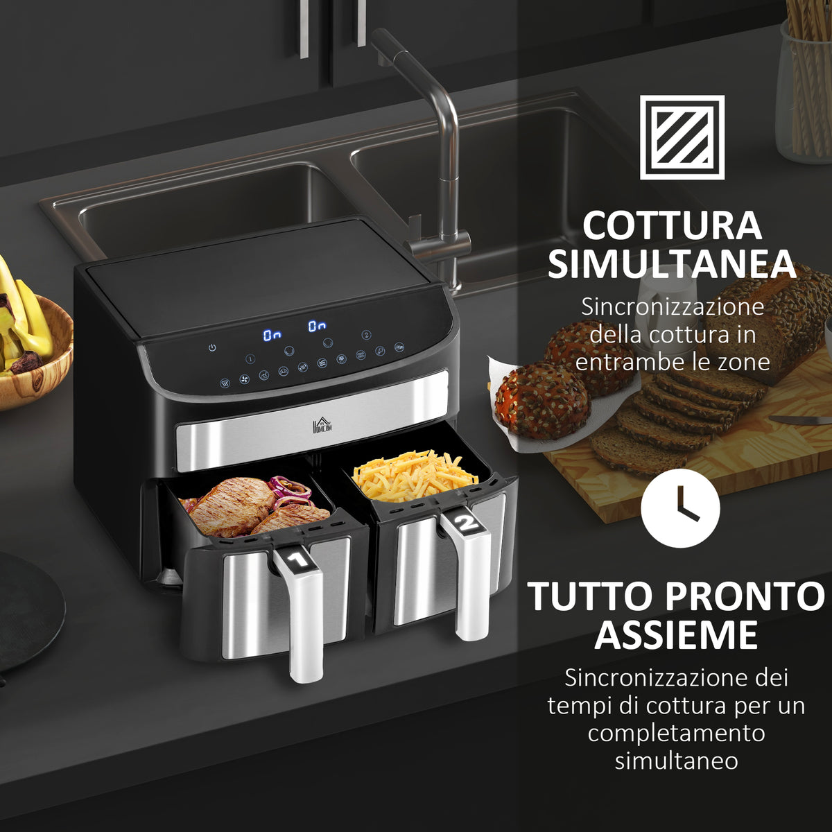 Friggitrice ad Aria 8L con Timer e Temperatura Regolabile, in Acciaio e Plastica, 38.8L x 36.3x31.1 cm, Nero